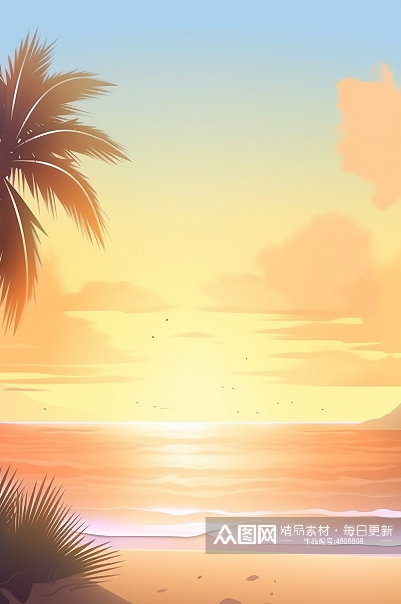 AI数字艺术夕阳日落扁平风夏季海边插画素材