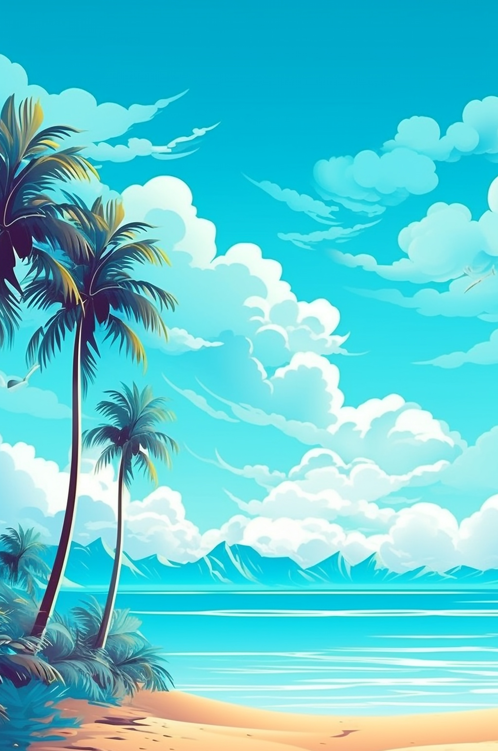 AI数字艺术晴朗天空扁平风夏季海边插画素材