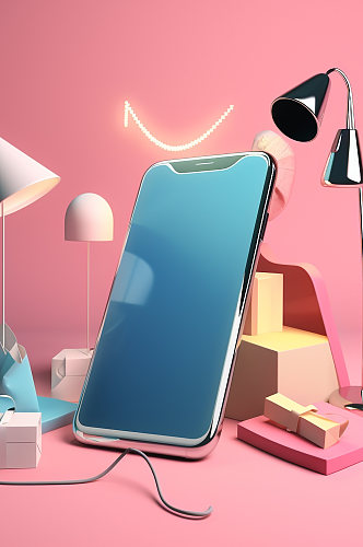 AI数字艺术粉色电商网购手机购物模型