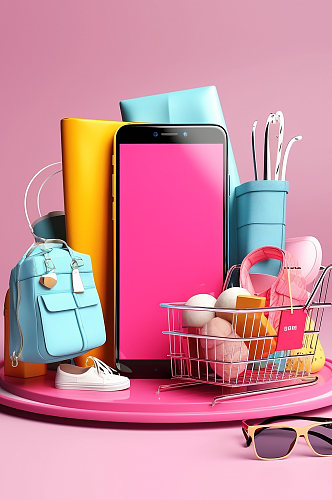AI数字艺术粉色化妆品电商网购手机购物模型