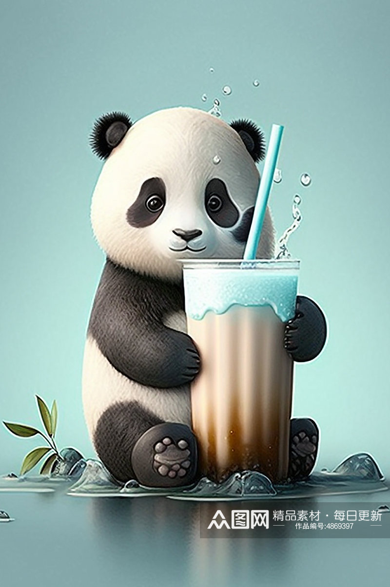 AI数字艺术国潮卡通熊猫拟人奶茶模型素材