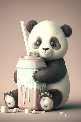 AI数字艺术国潮卡通熊猫拟人奶茶模型