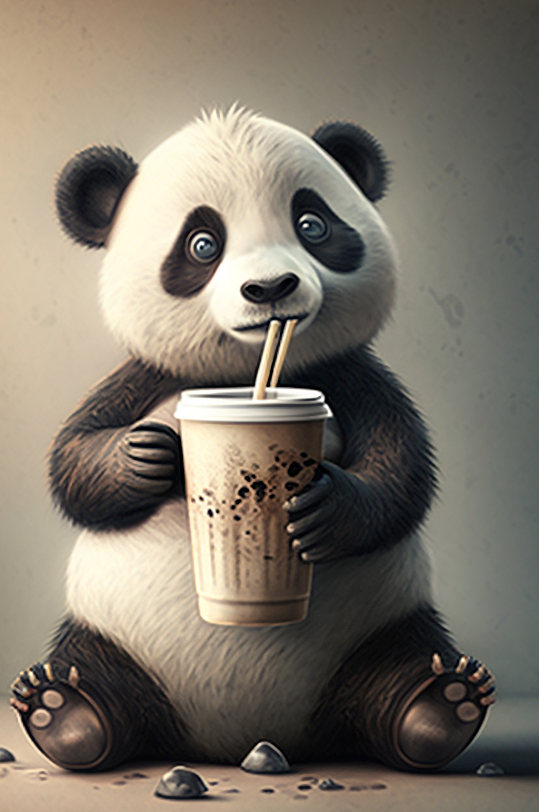 AI数字艺术国潮卡通熊猫拟人奶茶模型