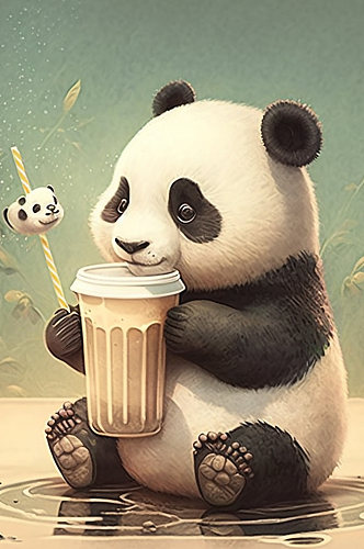 AI数字艺术国潮卡通熊猫喝奶茶拟人模型