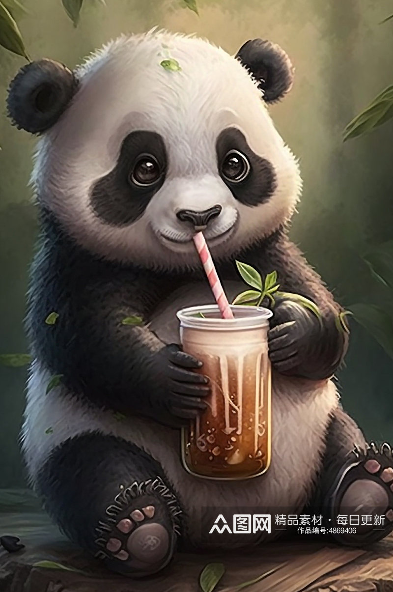 AI数字艺术国潮卡通熊猫喝奶茶拟人模型素材