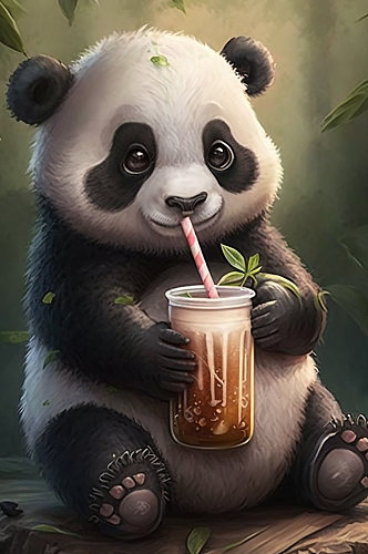 AI数字艺术国潮卡通熊猫喝奶茶拟人模型