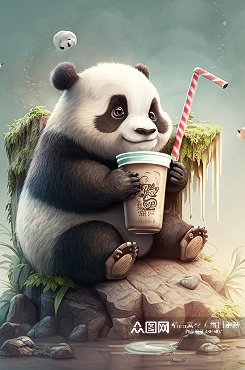 AI数字艺术国潮卡通熊猫喝奶茶拟人模型素材