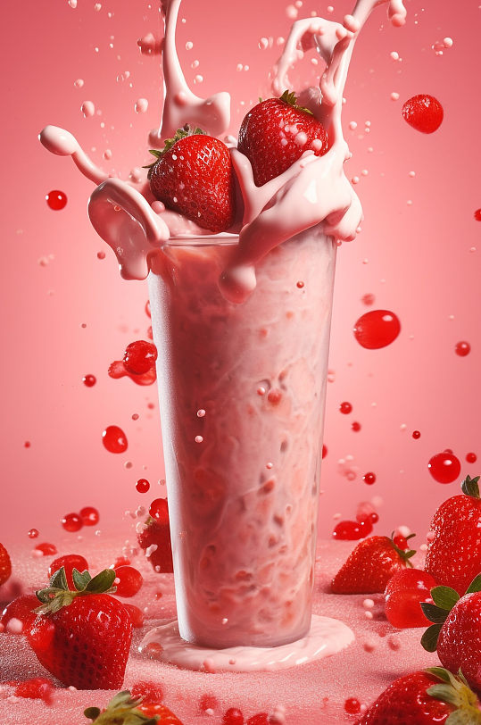 AI数字艺术夏季草莓水果奶茶饮品摄影图