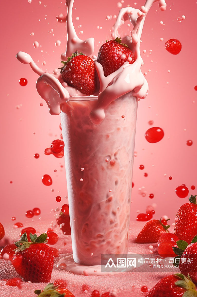 AI数字艺术夏季草莓水果奶茶饮品摄影图素材