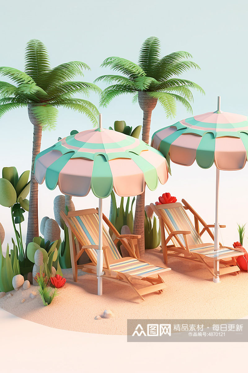 AI数字艺术夏季旅行度假躺椅帐篷元素模型素材