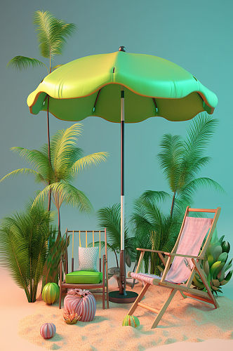 AI数字艺术夏季旅行度假躺椅帐篷元素模型