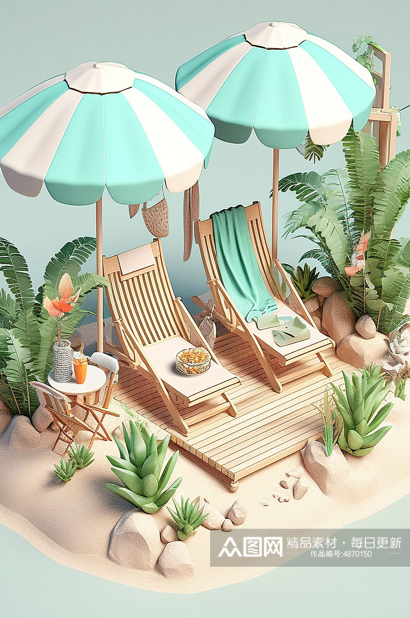 AI数字艺术夏季旅行度假躺椅帐篷元素模型素材