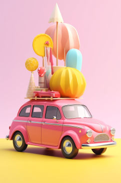 AI数字艺术自驾游粉色卡通汽车旅行模型