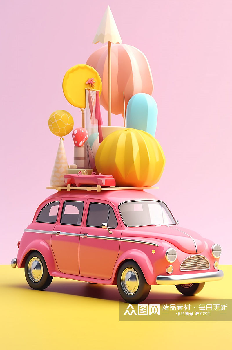 AI数字艺术自驾游粉色卡通汽车旅行模型素材