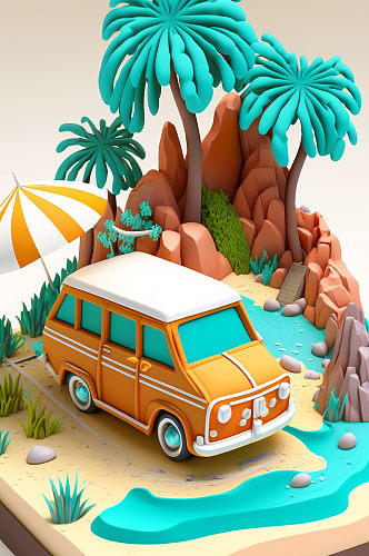 AI数字艺术夏季自驾游橙色卡通汽车旅行模型