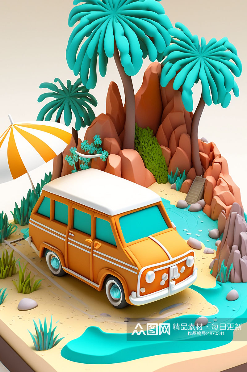 AI数字艺术夏季自驾游橙色卡通汽车旅行模型素材