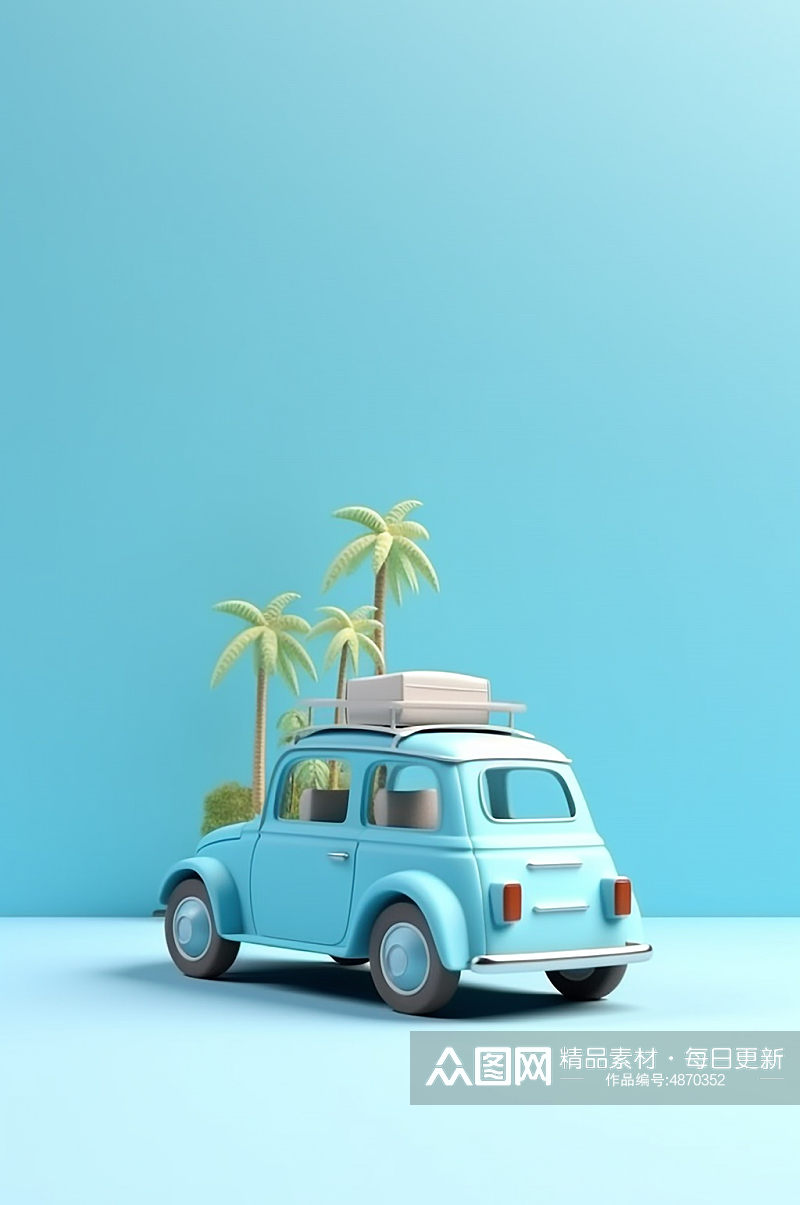 AI数字艺术自驾游蓝色卡通汽车旅行模型素材