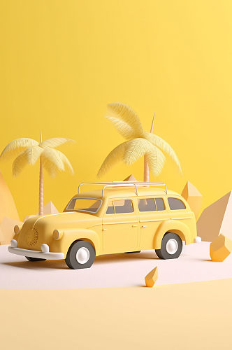 AI数字艺术自驾游黄色卡通汽车旅行模型
