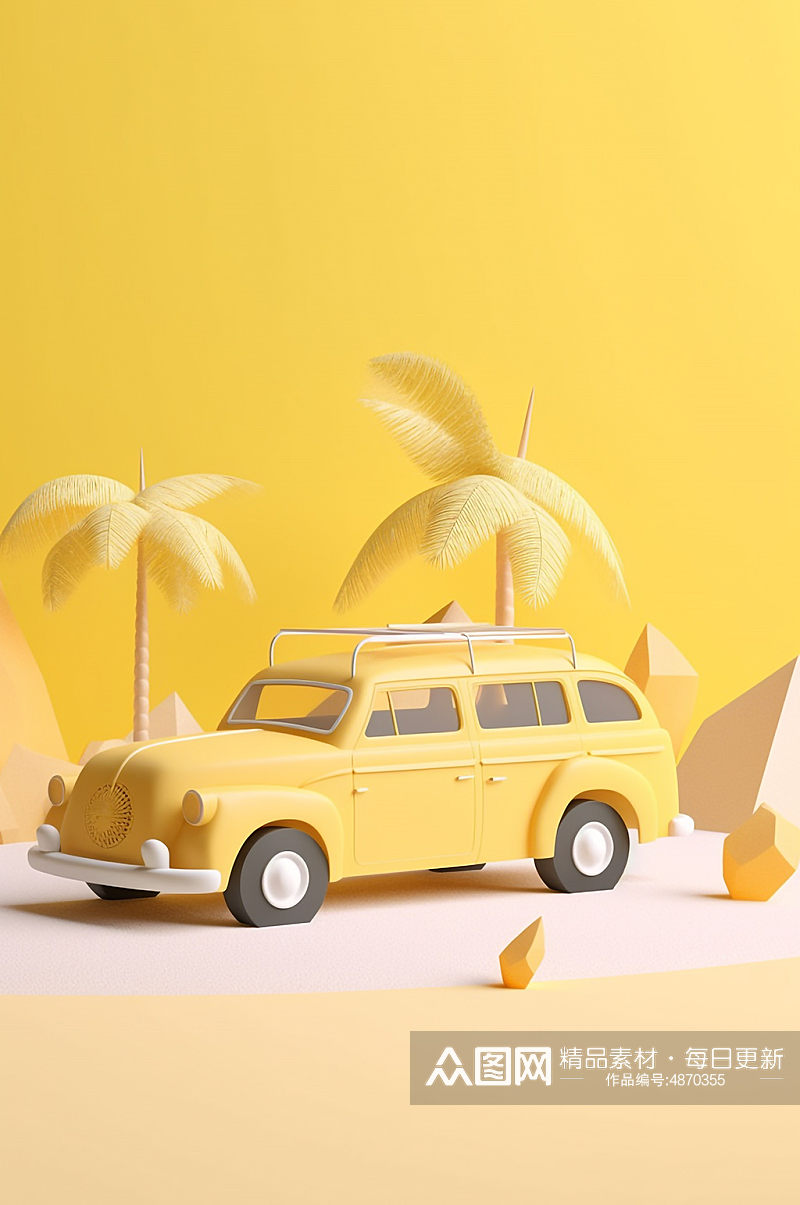 AI数字艺术自驾游黄色卡通汽车旅行模型素材
