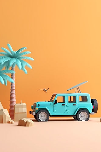 AI数字艺术自驾游蓝色卡通汽车旅行模型