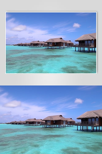 AI数字艺术旅游马尔代夫木屋风景摄影图