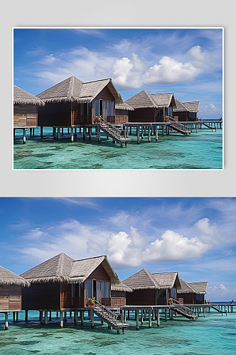 AI数字艺术旅游马尔代夫木屋风景摄影图