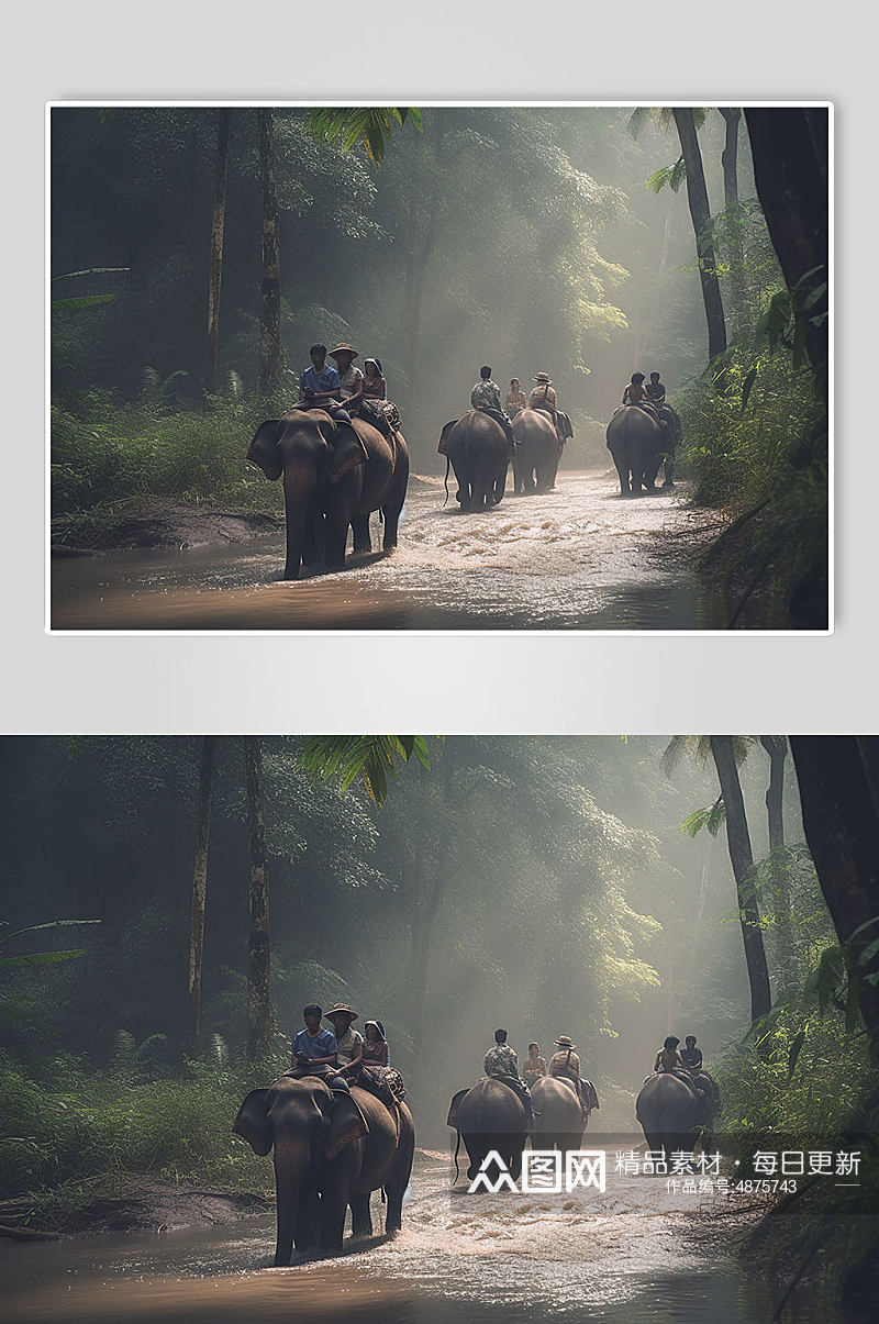 AI数字艺术泰国丛林骑大象旅游摄影图素材