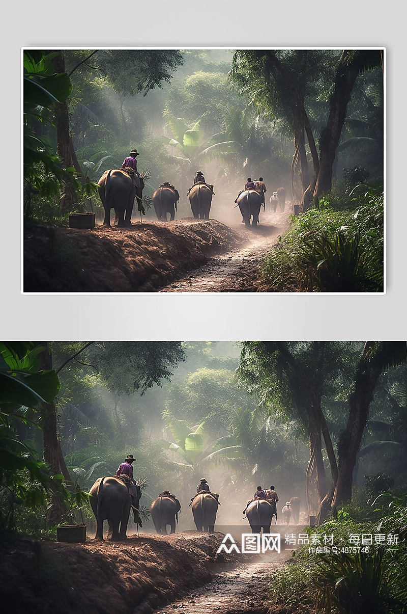 AI数字艺术泰国丛林骑大象旅游摄影图素材