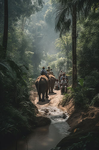 AI数字艺术泰国丛林骑大象野营旅游摄影图