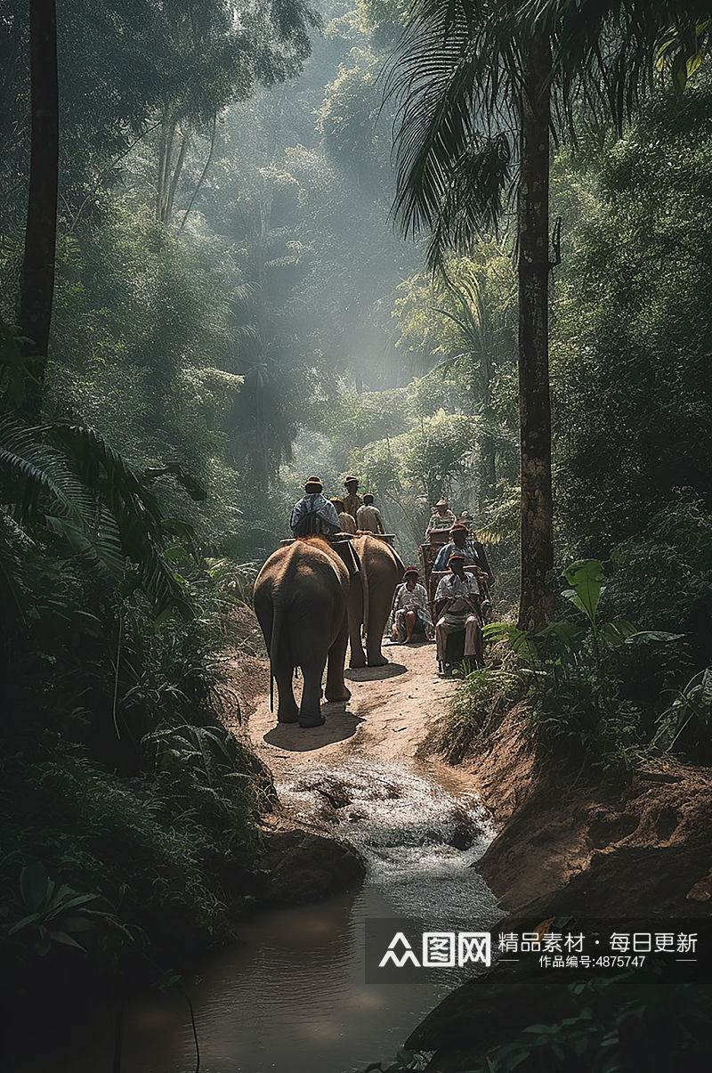 AI数字艺术泰国丛林骑大象野营旅游摄影图素材