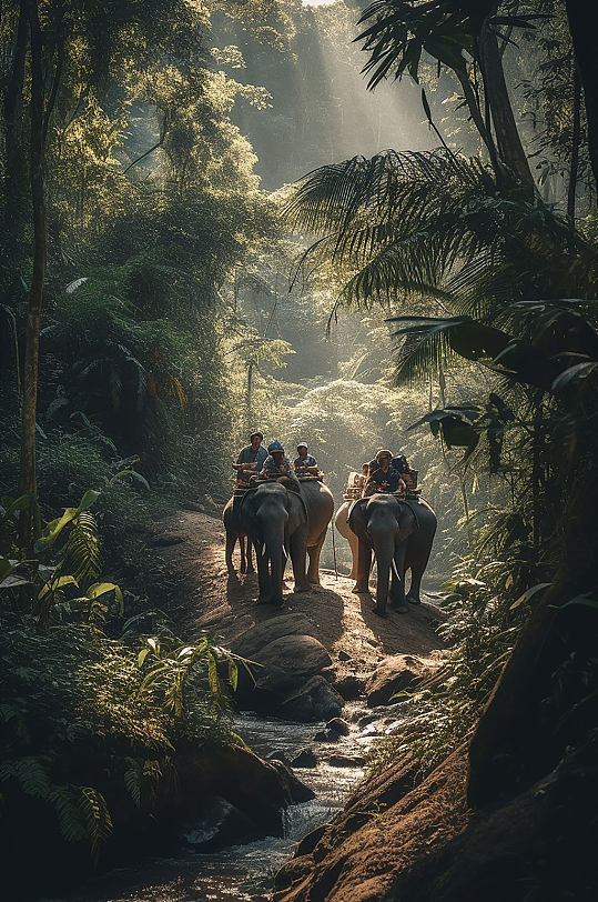 AI数字艺术泰国丛林骑大象旅游摄影图