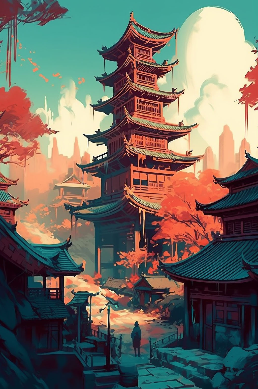 AI数字艺术复古国潮中国风塔楼建筑插画素材