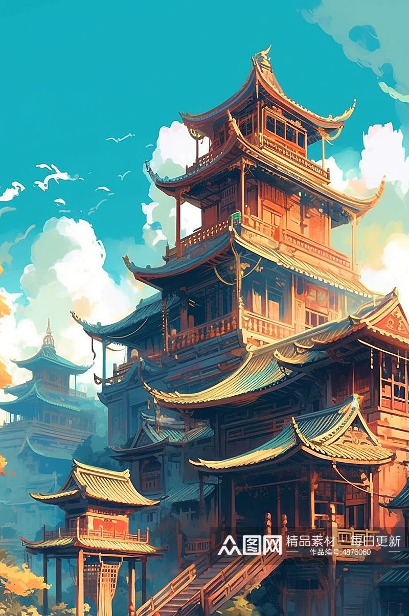 AI数字艺术复古国潮中国风塔楼建筑插画素材