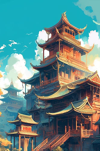 AI数字艺术复古国潮中国风塔楼建筑插画