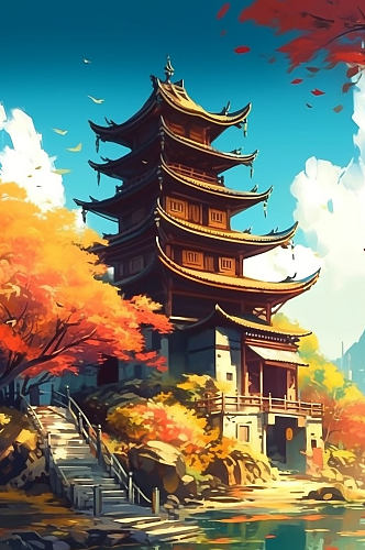 AI数字艺术复古国潮中国风塔楼建筑插画