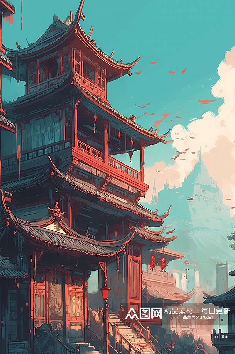 AI数字艺术复古国潮中国风塔楼建筑插画素材