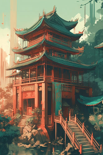 AI数字艺术复古国潮中国风城楼建筑插画