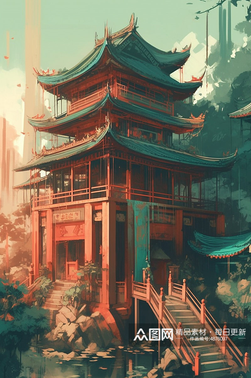 AI数字艺术复古国潮中国风城楼建筑插画素材