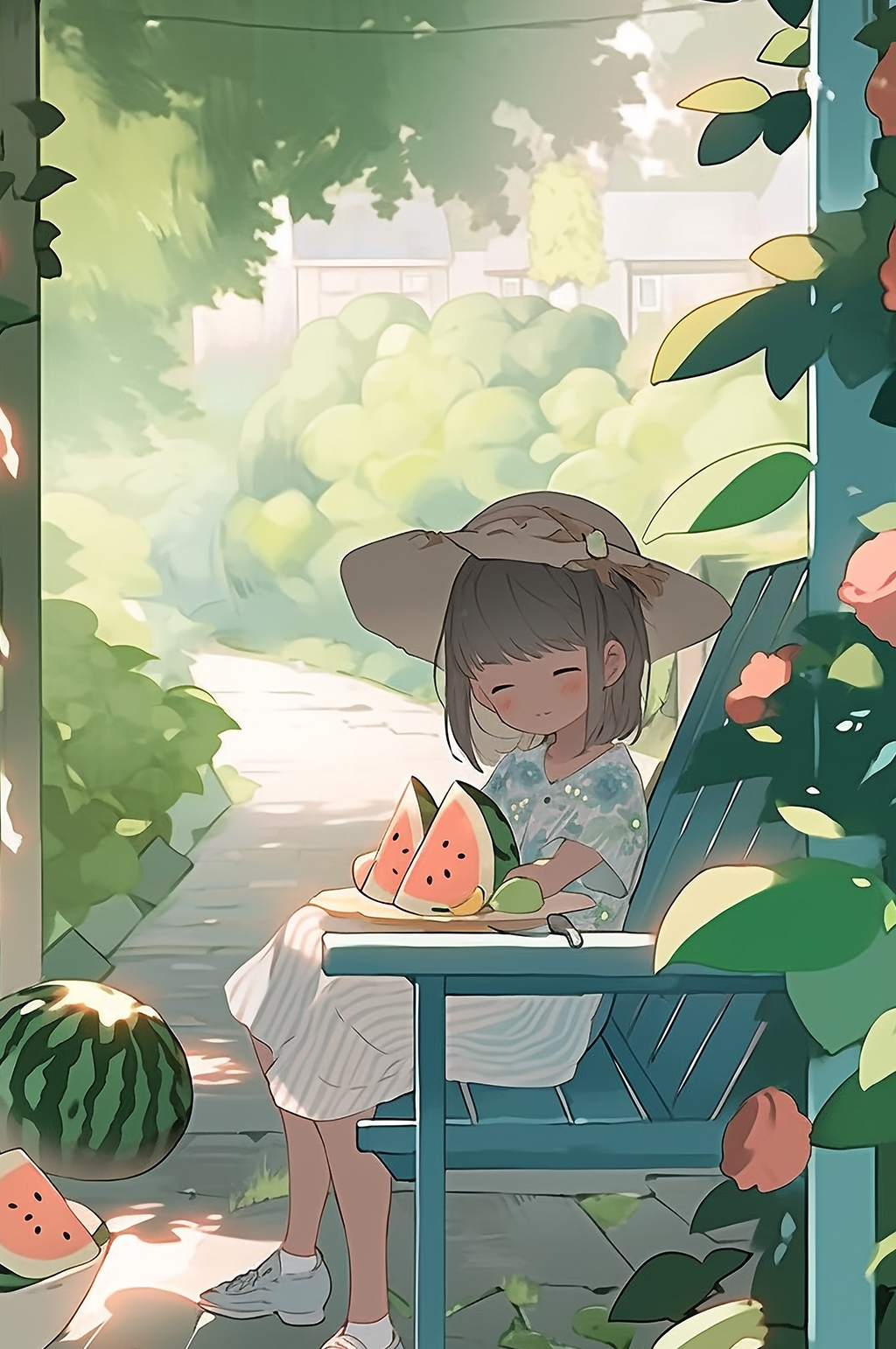 AI数字艺术立夏夏季夏至人物西瓜架子后院插画素材