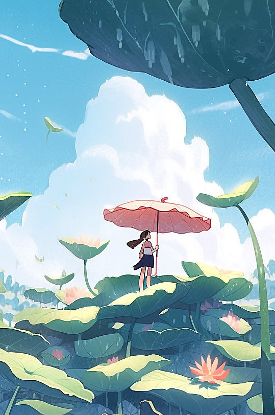 AI数字艺术立夏夏季人物荷叶荷花池塘插画-众图网