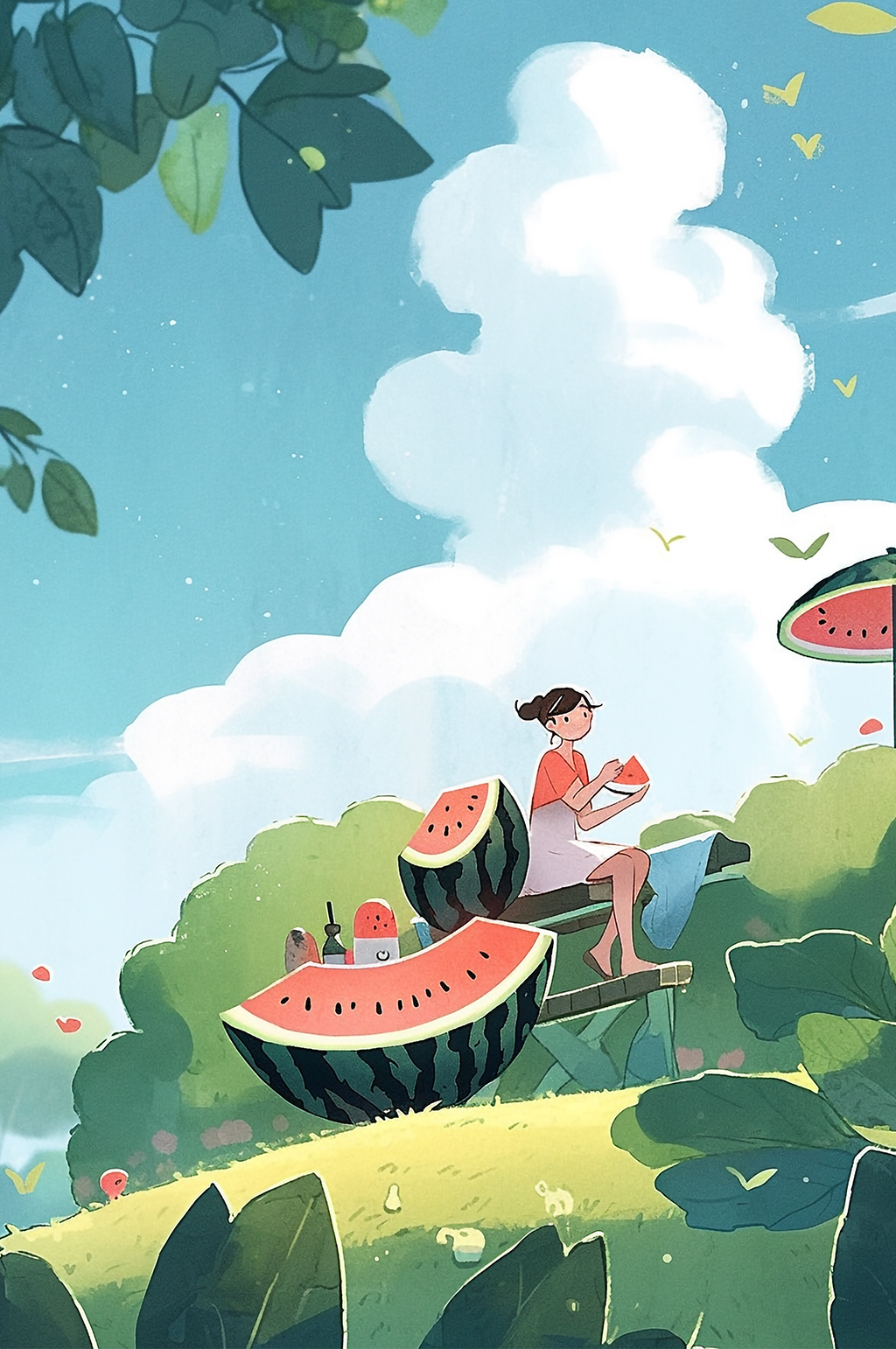 AI数字艺术立夏夏季夏至人物西瓜草地后院插画素材