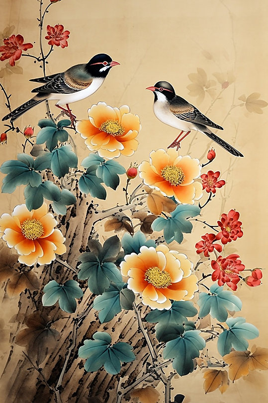 AI数字艺术喜鹊红色冬青工笔中式花鸟画-众图网