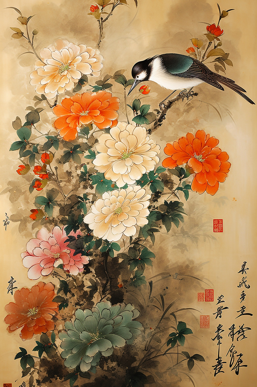 AI数字艺术喜鹊牡丹花工笔中式花鸟画素材