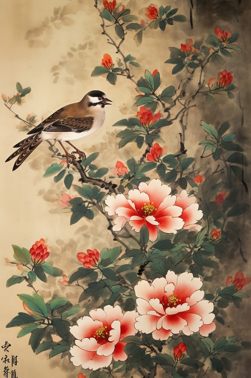 AI数字艺术麻雀红色牡丹花工笔中式花鸟画素材