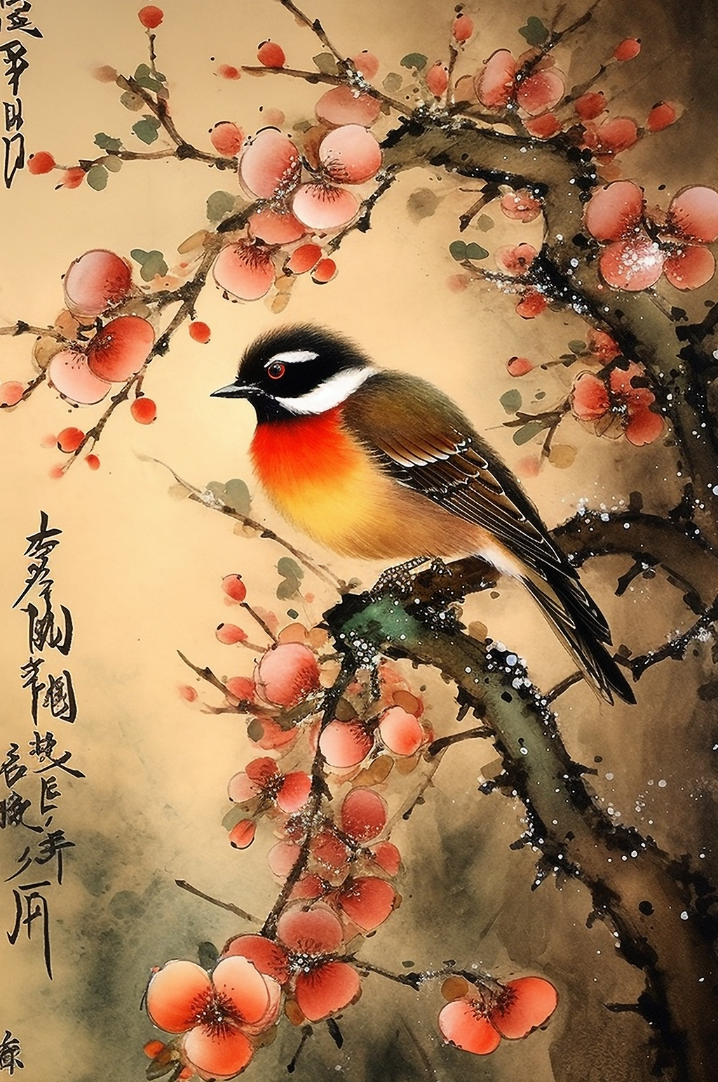 AI数字艺术麻雀红色山茶花工笔中式花鸟画素材