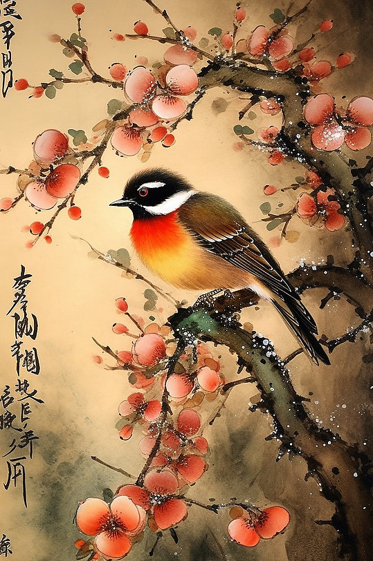 AI数字艺术麻雀红色山茶花工笔中式花鸟画