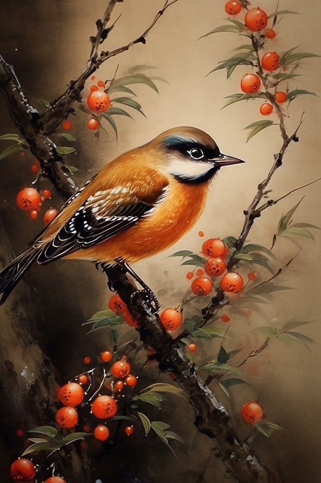 AI数字艺术麻雀红色冬青工笔中式花鸟画素材