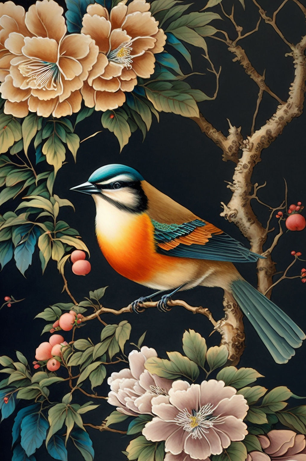 AI数字艺术翠鸟牡丹花工笔中式花鸟画素材