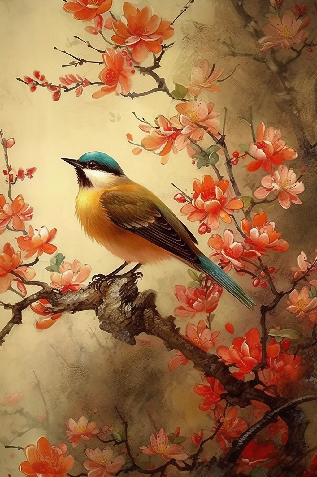 AI数字艺术翠鸟红色山茶花中式花鸟画素材
