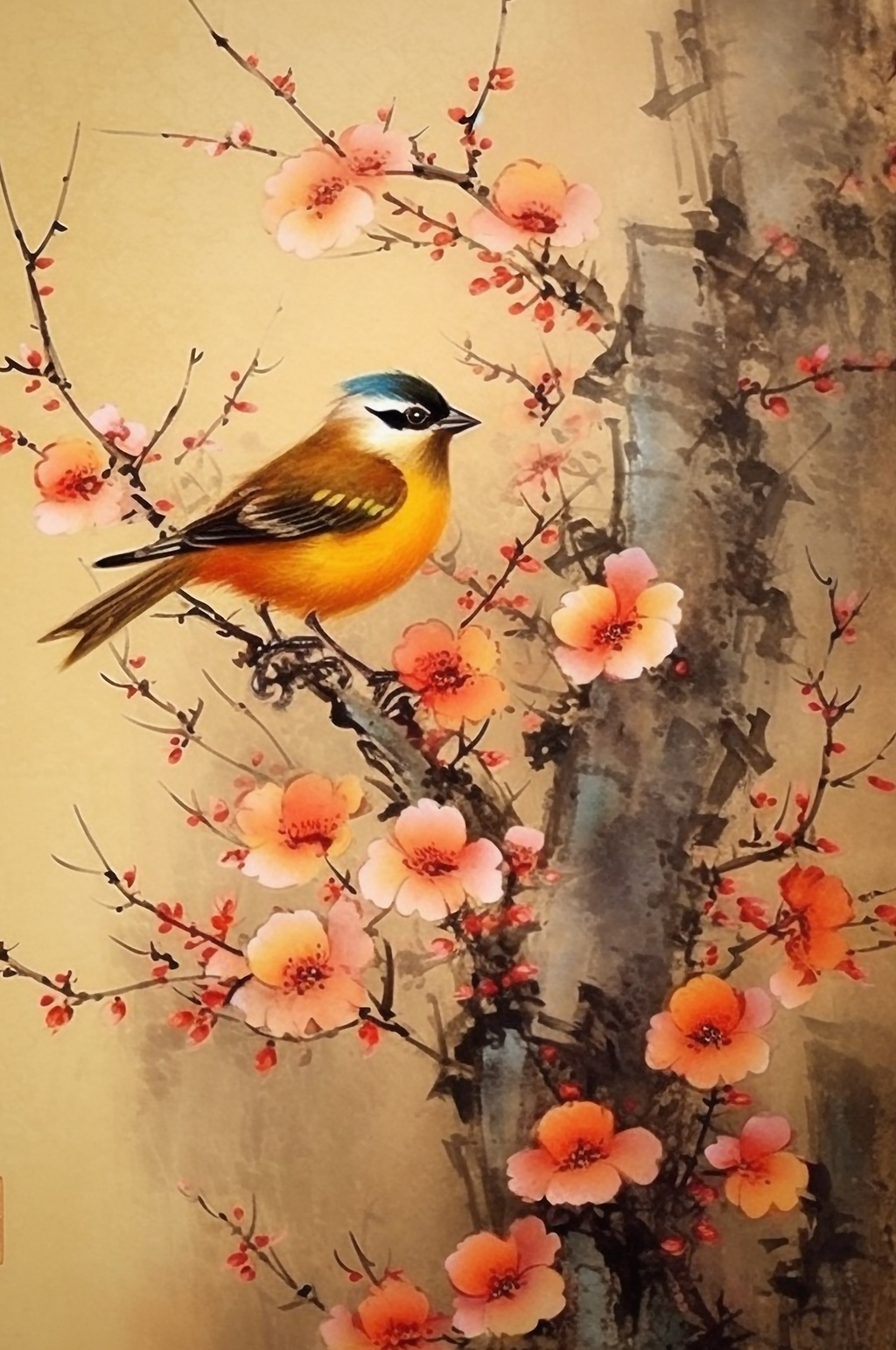 AI数字艺术翠鸟粉色腊梅工笔中式花鸟画素材
